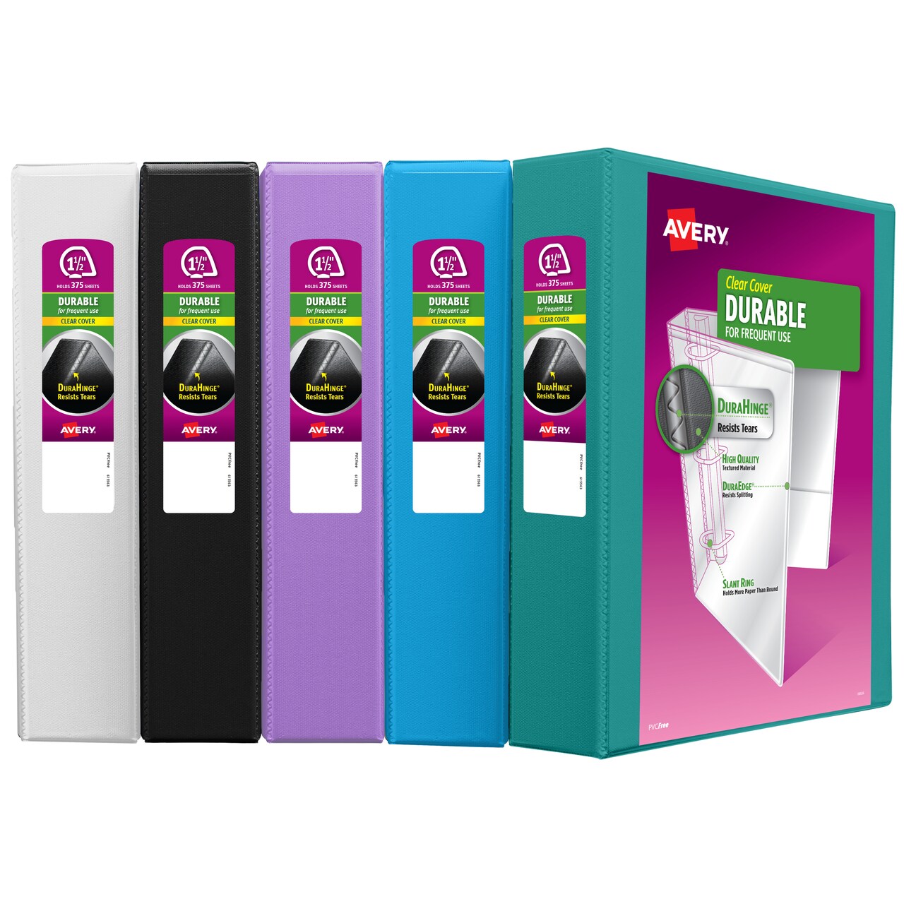 Avery Durable View 3 Ring Binders, 1.5 Inch Slant Rings, 375-Sheet Capacity, DuraHinge, 2.1 Inch Wide Spine, Colors Received Will Vary: Black, Bright Blue, Teal, Lavender, or White, 1 Binder (17028)